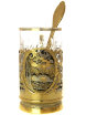 Подстаканник чайный "Снегири" с ложкой, хрустальным стаканом в подарочном футляре Златоуст фото 1 — Samogon-sam.ru