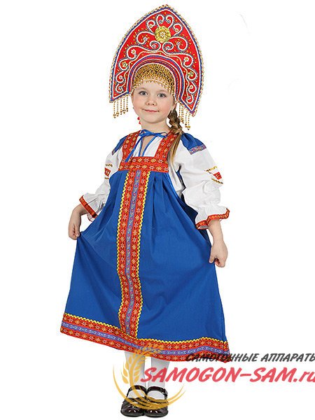 Русский народный костюм "Дуняша" детский хлопковый синий сарафан и блузка 7-12 лет фото 1 — Samogon-sam.ru