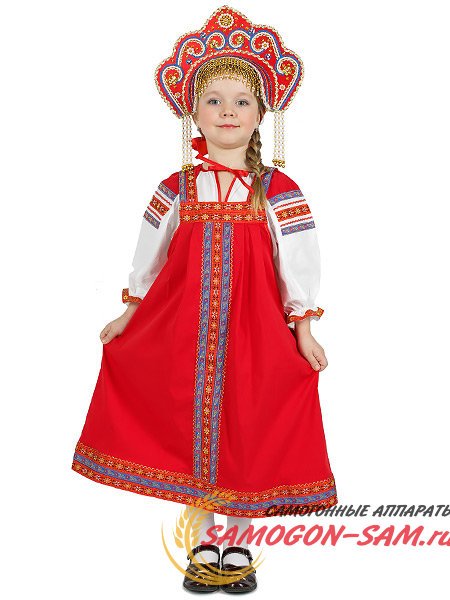 Русский народный костюм "Забава" для девочки льняной красный сарафан и блузка 7-12 лет фото 1 — Samogon-sam.ru